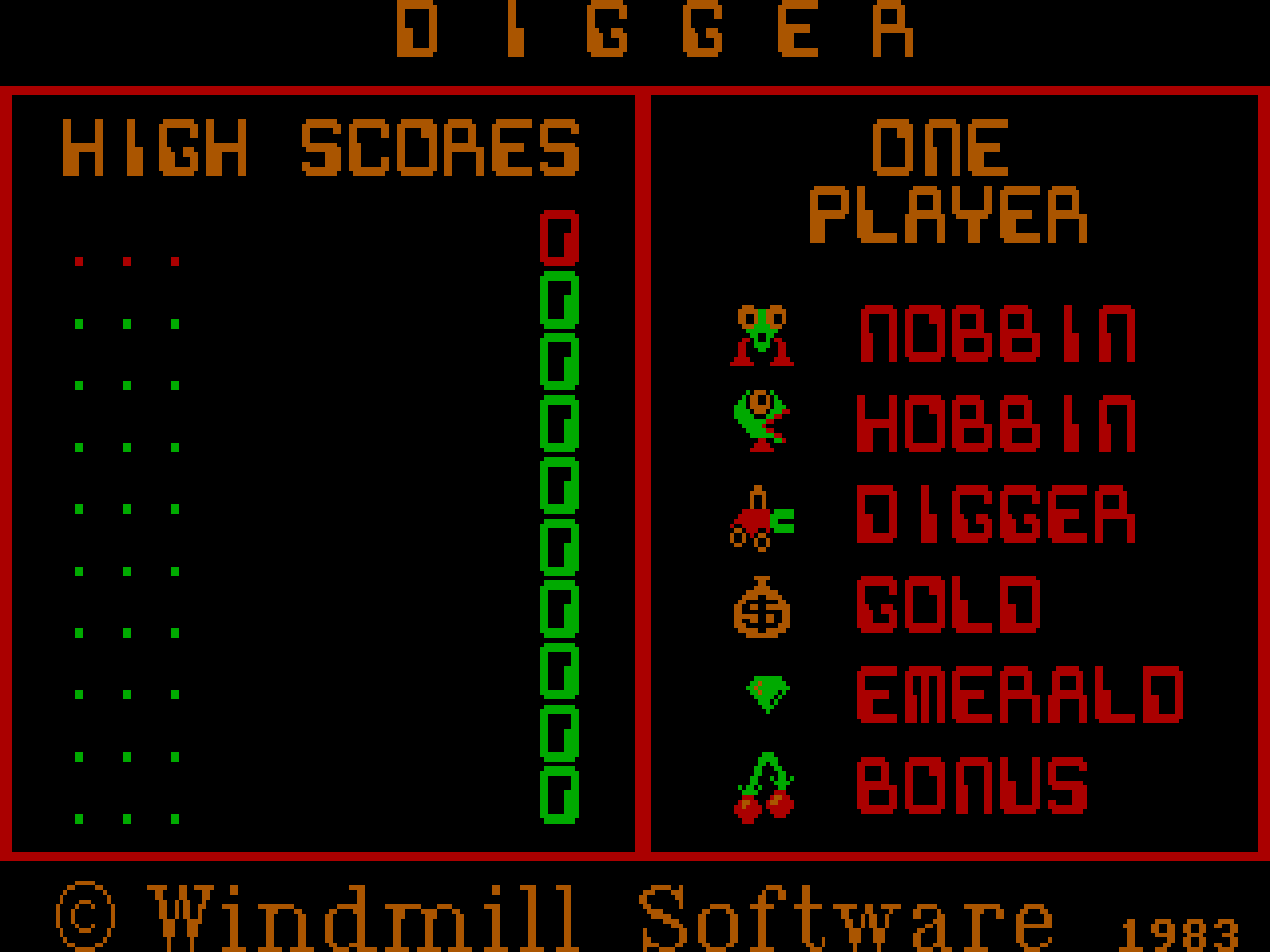 A screenshot of Digger welcome screen with the names and pictures of various game characters with a copyright notice of Windmill Software