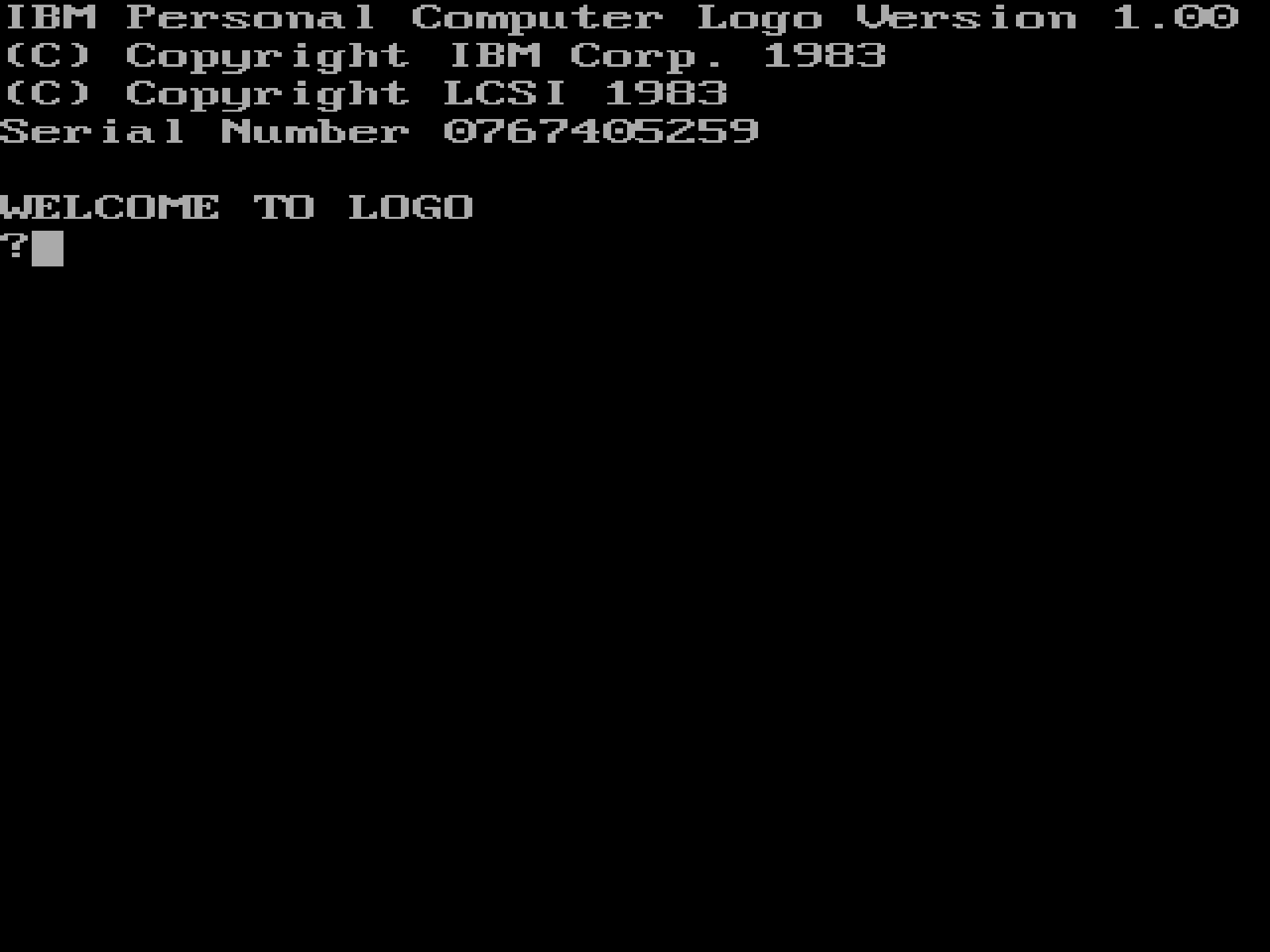 A screenshot of IBM Personal Computer Logo with copyright notices of IBM and LCSI, welcome message, and question mark prompt