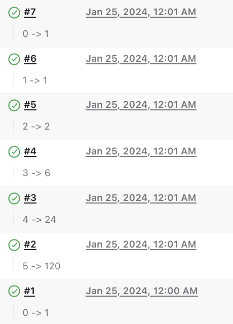 Screenshot of Jenkins build history that shows the builds that are triggered while computing the factorial of 0 and 5