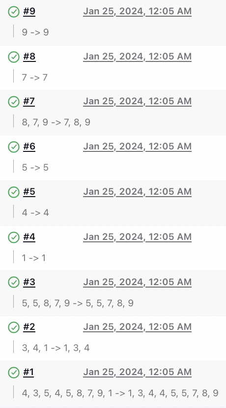 Screenshot of Jenkins build history that shows the builds that are triggered while performing quicksort on a list of integers