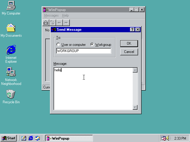 A screenshot of message being composed in WinPopup