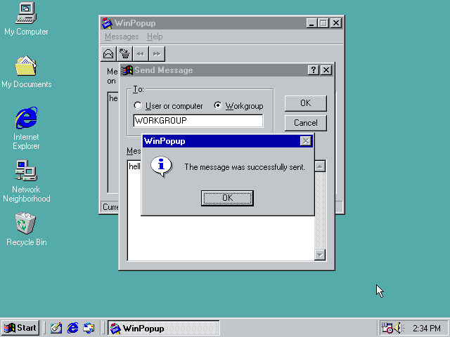 A screenshot of a message successfully sent with WinPopup
